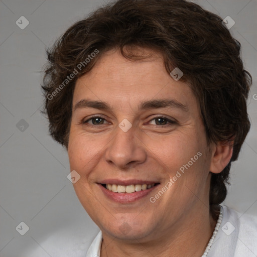 Joyful white adult female with short  brown hair and brown eyes