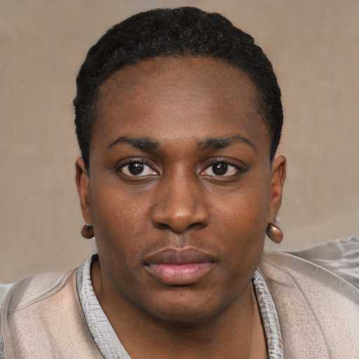 Neutral black young-adult female with short  black hair and brown eyes