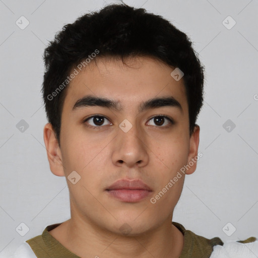 Neutral latino young-adult male with short  brown hair and brown eyes