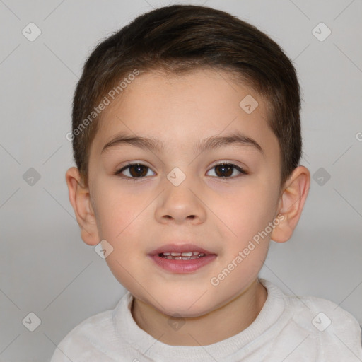 Joyful white child female with short  brown hair and brown eyes