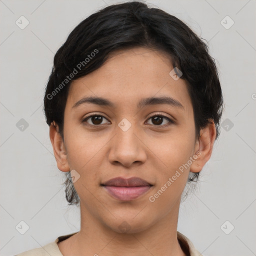 Joyful latino young-adult female with short  brown hair and brown eyes