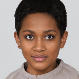 Neutral black young-adult female with short  black hair and brown eyes