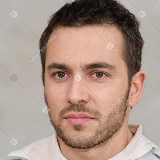 Neutral white young-adult male with short  brown hair and brown eyes