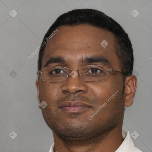 Neutral black young-adult male with short  brown hair and brown eyes