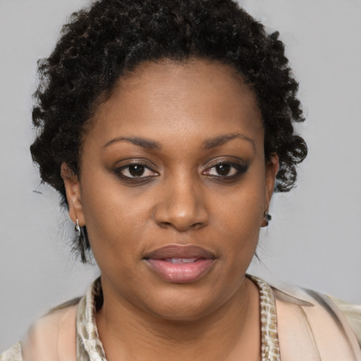 Joyful black young-adult female with short  brown hair and brown eyes