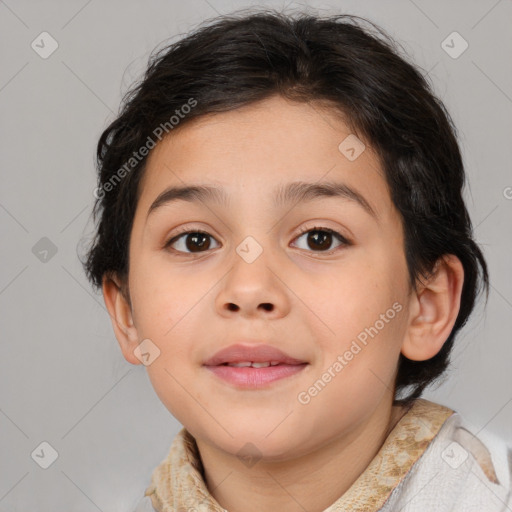 Joyful white child female with medium  brown hair and brown eyes