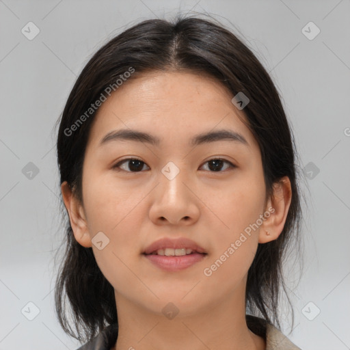 Neutral asian young-adult female with medium  brown hair and brown eyes