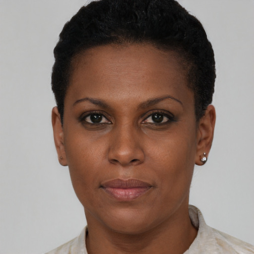 Joyful black young-adult female with short  brown hair and brown eyes