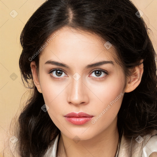 Neutral white young-adult female with long  brown hair and brown eyes