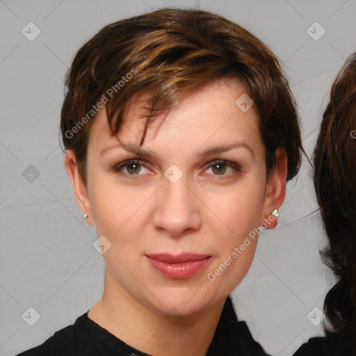 Joyful white young-adult female with medium  brown hair and brown eyes