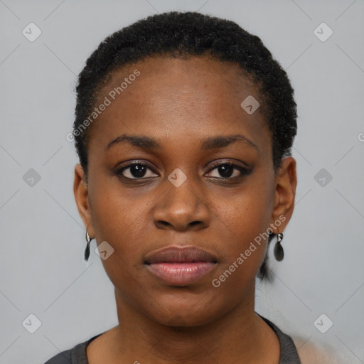 Neutral black young-adult female with short  black hair and brown eyes