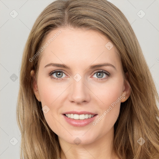 Joyful white young-adult female with long  brown hair and grey eyes