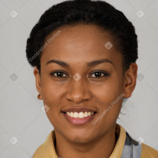 Joyful latino young-adult female with short  black hair and brown eyes