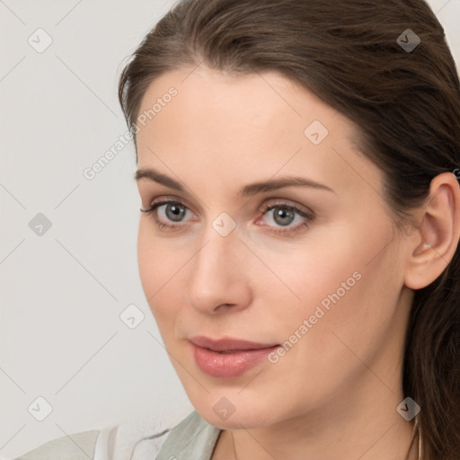 Neutral white young-adult female with medium  brown hair and brown eyes