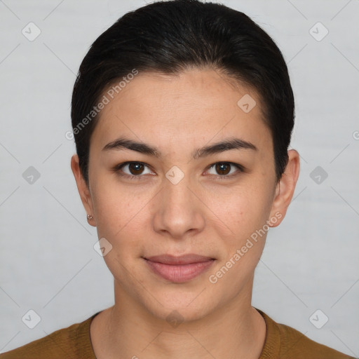 Joyful white young-adult female with short  brown hair and brown eyes