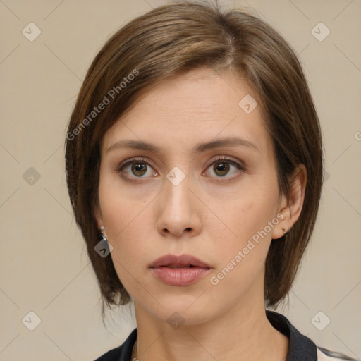 Neutral white young-adult female with medium  brown hair and brown eyes