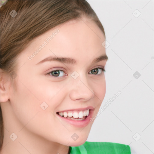 Joyful white young-adult female with short  brown hair and blue eyes