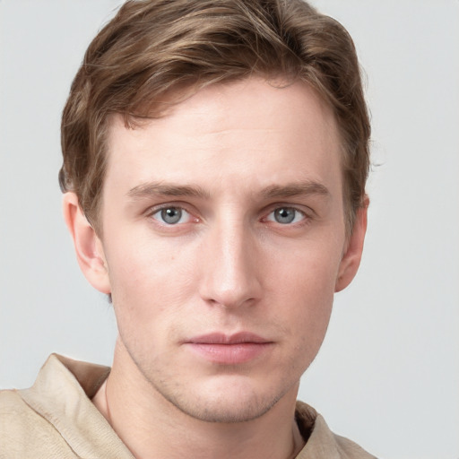 Neutral white young-adult male with short  brown hair and grey eyes