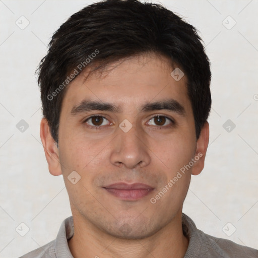 Joyful white young-adult male with short  black hair and brown eyes