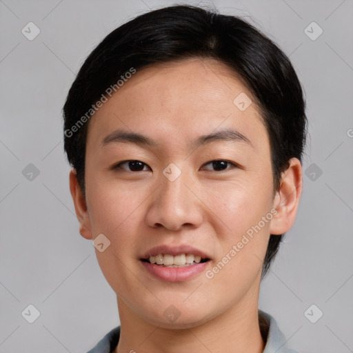 Joyful asian young-adult female with short  brown hair and brown eyes