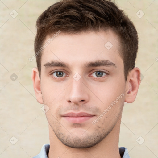 Neutral white young-adult male with short  brown hair and brown eyes