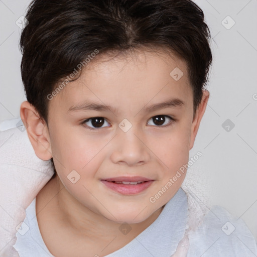 Joyful white child female with short  brown hair and brown eyes