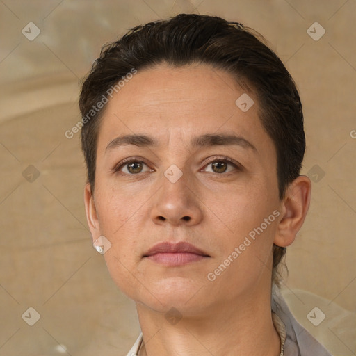 Neutral white adult female with short  brown hair and brown eyes