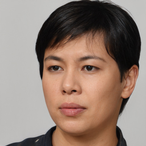 Neutral asian young-adult female with medium  black hair and brown eyes