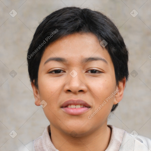 Joyful asian young-adult female with short  black hair and brown eyes