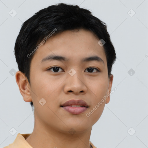 Joyful asian young-adult male with short  black hair and brown eyes