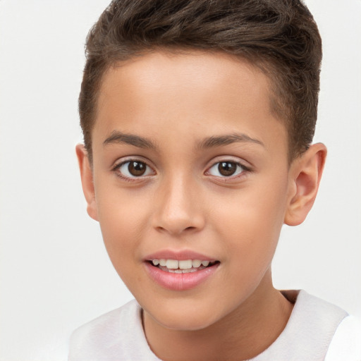 Joyful white child female with short  brown hair and brown eyes