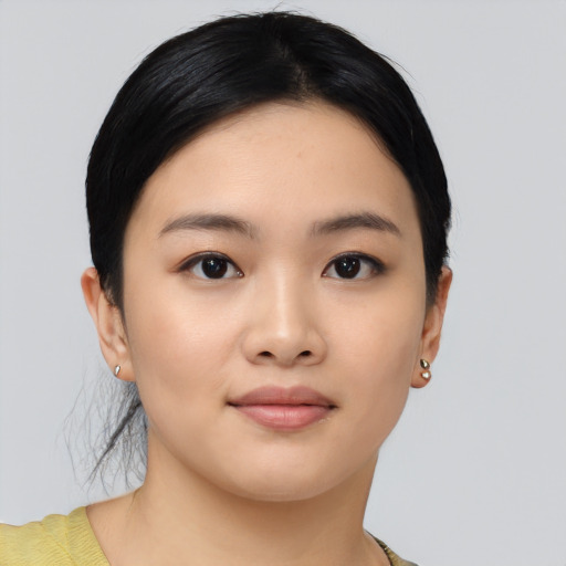Neutral asian young-adult female with short  black hair and brown eyes