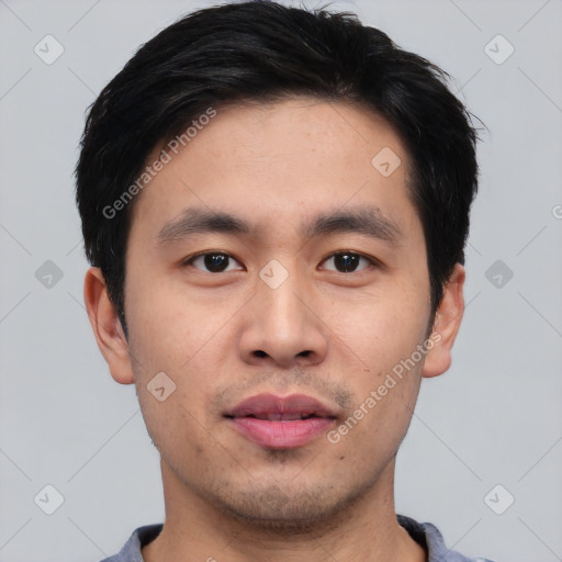 Neutral asian young-adult male with short  black hair and brown eyes