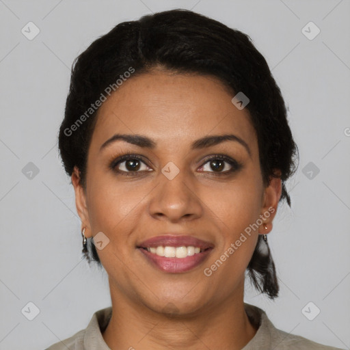 Joyful latino young-adult female with short  brown hair and brown eyes