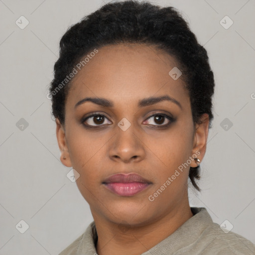 Neutral black young-adult female with short  black hair and brown eyes