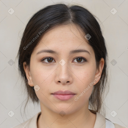 Neutral white young-adult female with medium  brown hair and brown eyes