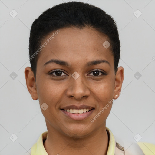 Joyful latino young-adult female with short  black hair and brown eyes