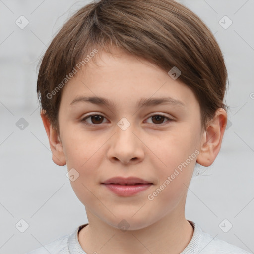 Joyful white child female with short  brown hair and brown eyes