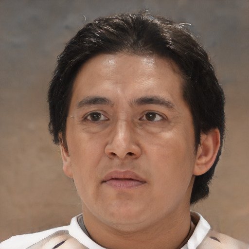 Neutral asian adult male with short  brown hair and brown eyes