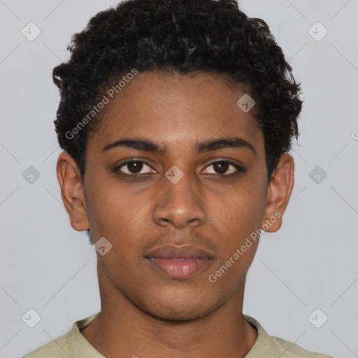 Neutral black young-adult female with short  black hair and brown eyes