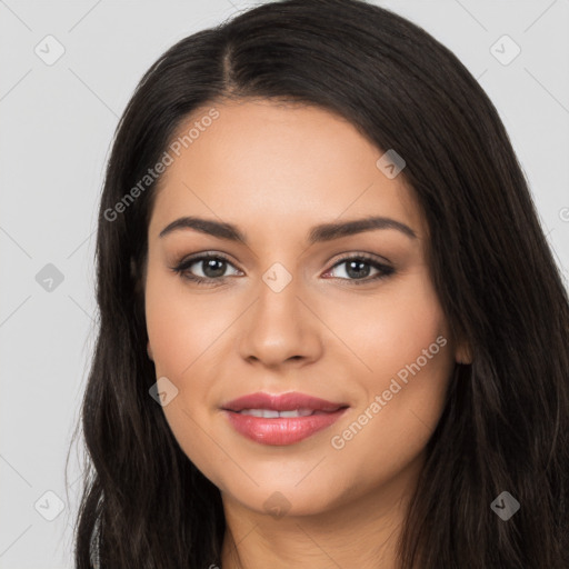 Joyful white young-adult female with long  black hair and brown eyes