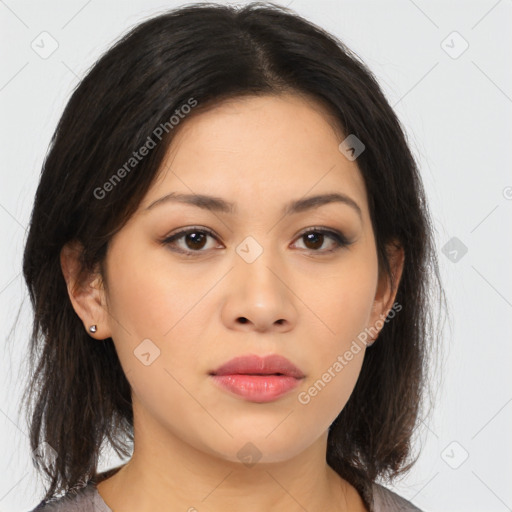 Neutral asian young-adult female with medium  brown hair and brown eyes