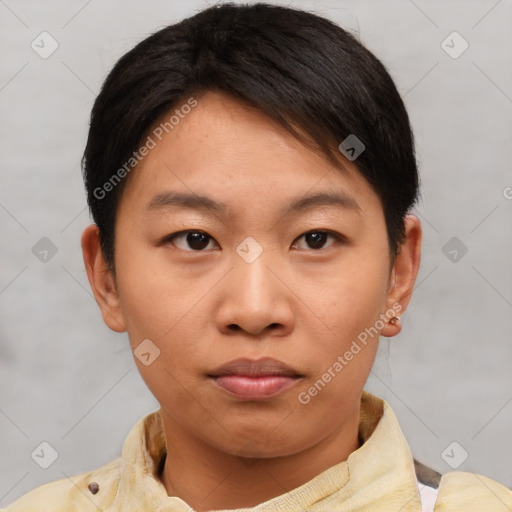Neutral asian young-adult female with short  brown hair and brown eyes