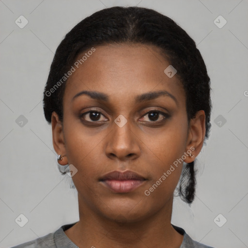 Neutral latino young-adult female with short  black hair and brown eyes