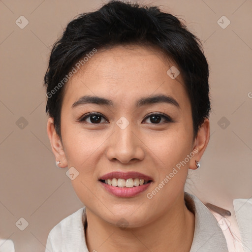 Joyful white young-adult female with short  brown hair and brown eyes