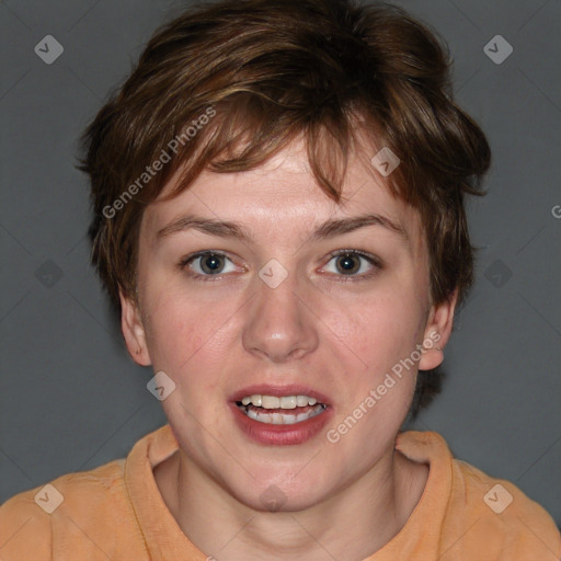 Joyful white young-adult female with medium  brown hair and blue eyes