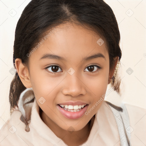 Joyful white child female with medium  brown hair and brown eyes