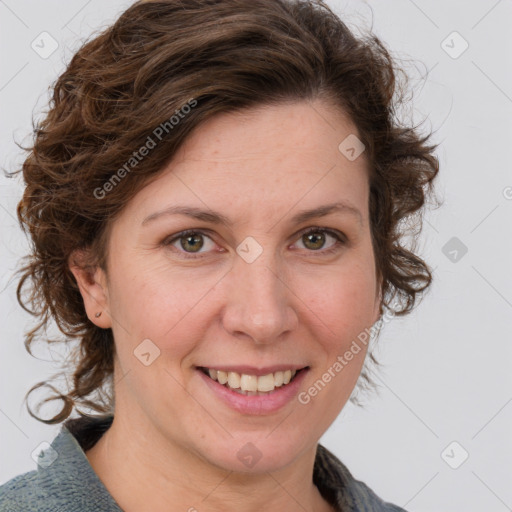 Joyful white young-adult female with medium  brown hair and green eyes