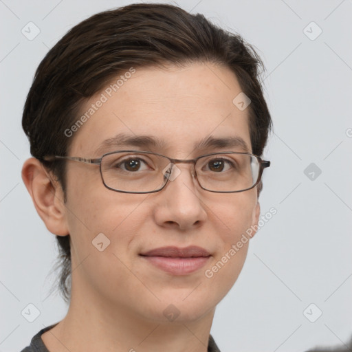 Joyful white adult female with short  brown hair and brown eyes