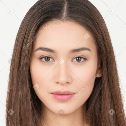 Neutral white young-adult female with long  brown hair and brown eyes